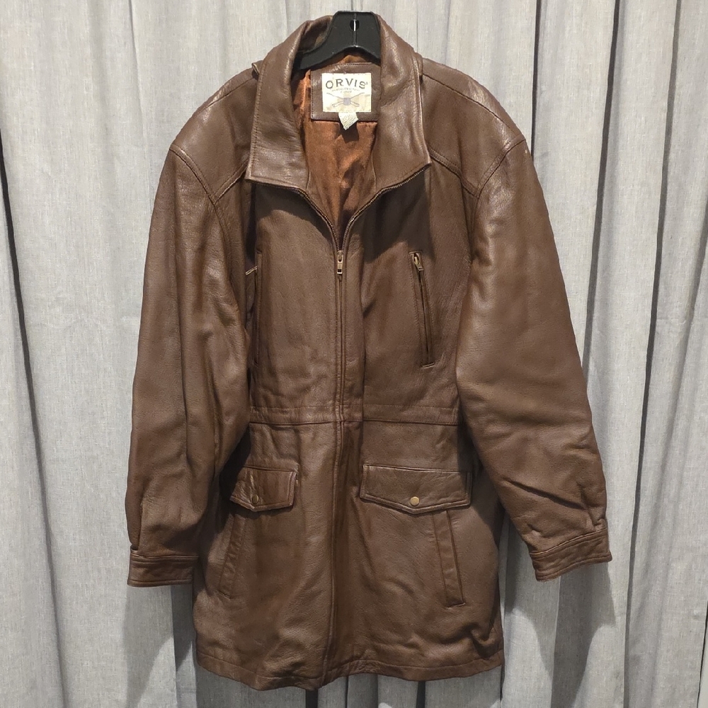 Orvis Vintage Men's Rich Brown Leather Classic Field Jacket 3/4 Length